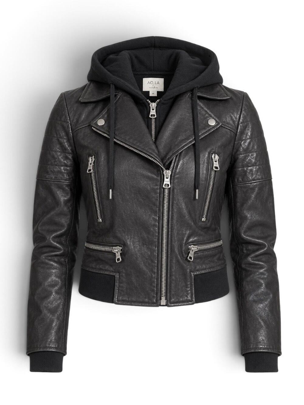 Alice + Olivia Black Lamb Leather Hooded Moto Biker Jacket Small S